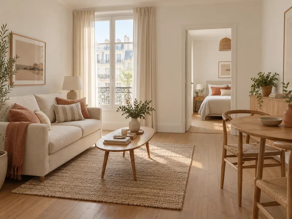 Illustration d’un T2 avec un salon meublé et une chambre séparée