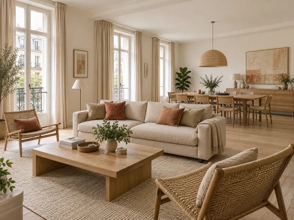 Illustration d’un séjour de T5 avec canapé, fauteuils et grande table de repas