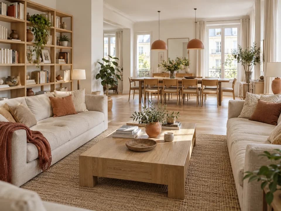 Illustration d’un séjour de T6 avec deux canapés, bibliothèque et salle à manger